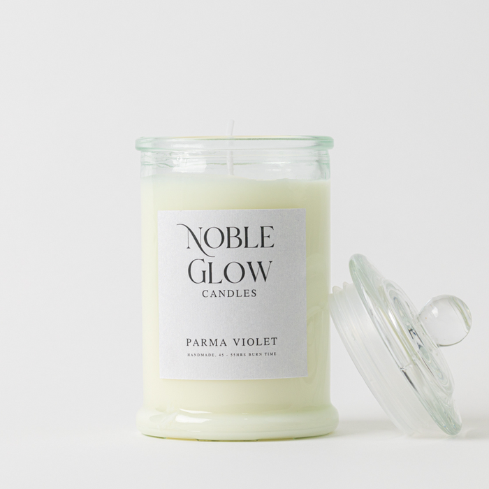 Parma Violet Scended Candle, (1 Wick, 350g, 45 - 55 hrs burn) Noble Glow Candles